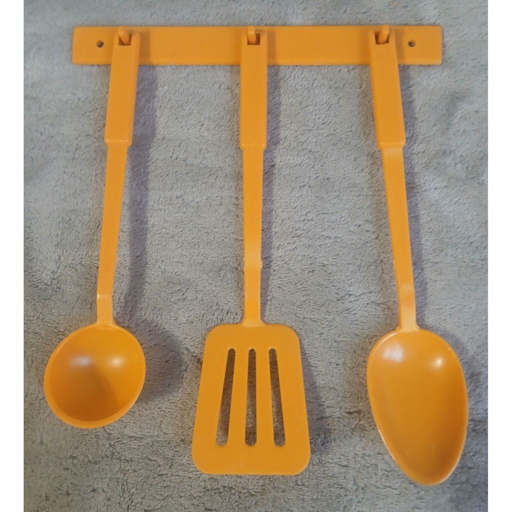 Vtg 70s Toy Yellow Plastic Kitchen Utensil Set with Wall Hanging Rack 4pc Play